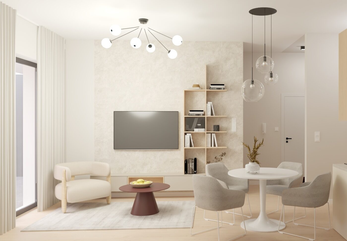 Salon z telewizorem i biblioteczką