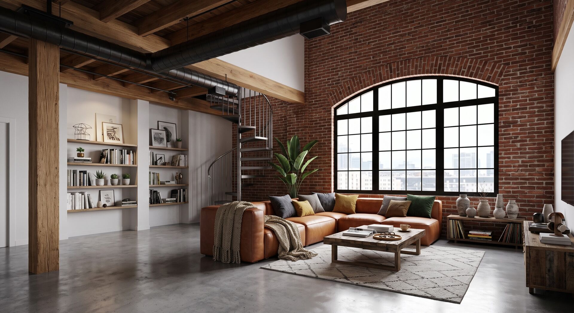 Industrialny Loft — salon z cegłą